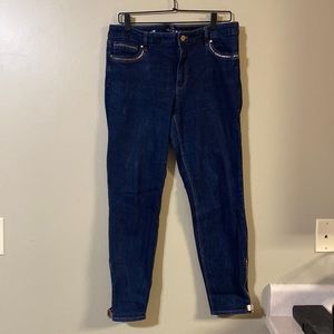 White House Black Market Dark rinse skinny ankle jeans with rose gold acccents